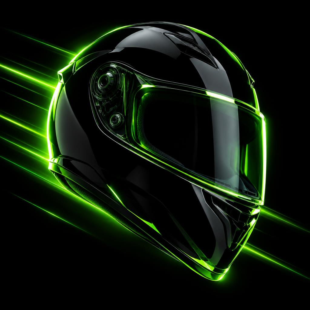 Capacete de moto preto com luz verde neon